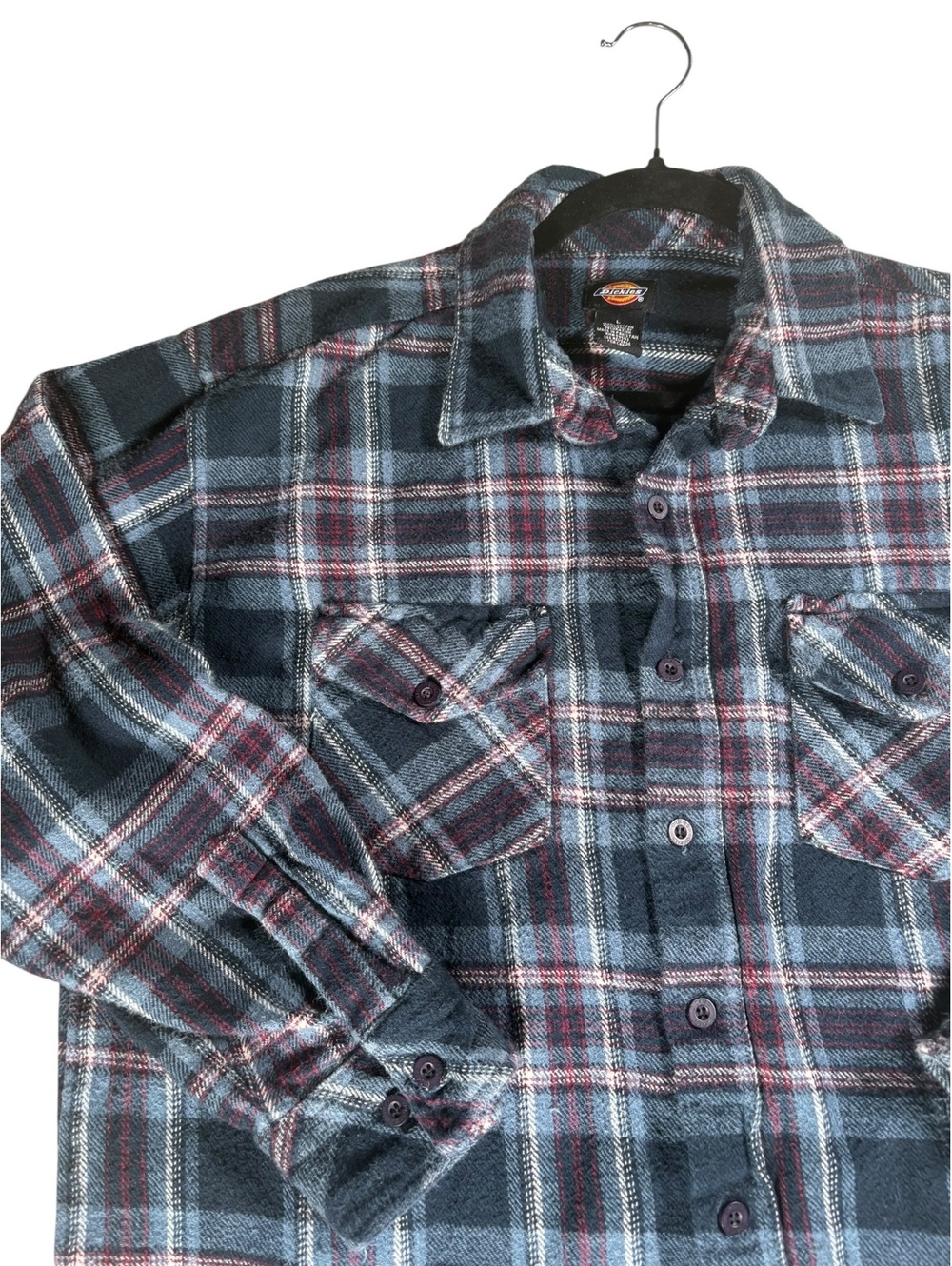 Dickies Plaid Double Pocket 100% Cotton Blue Red Men's Large Button Up Flannel